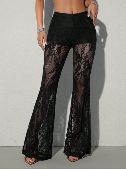 Women's High-Waist Sheer Lace Flare Pants