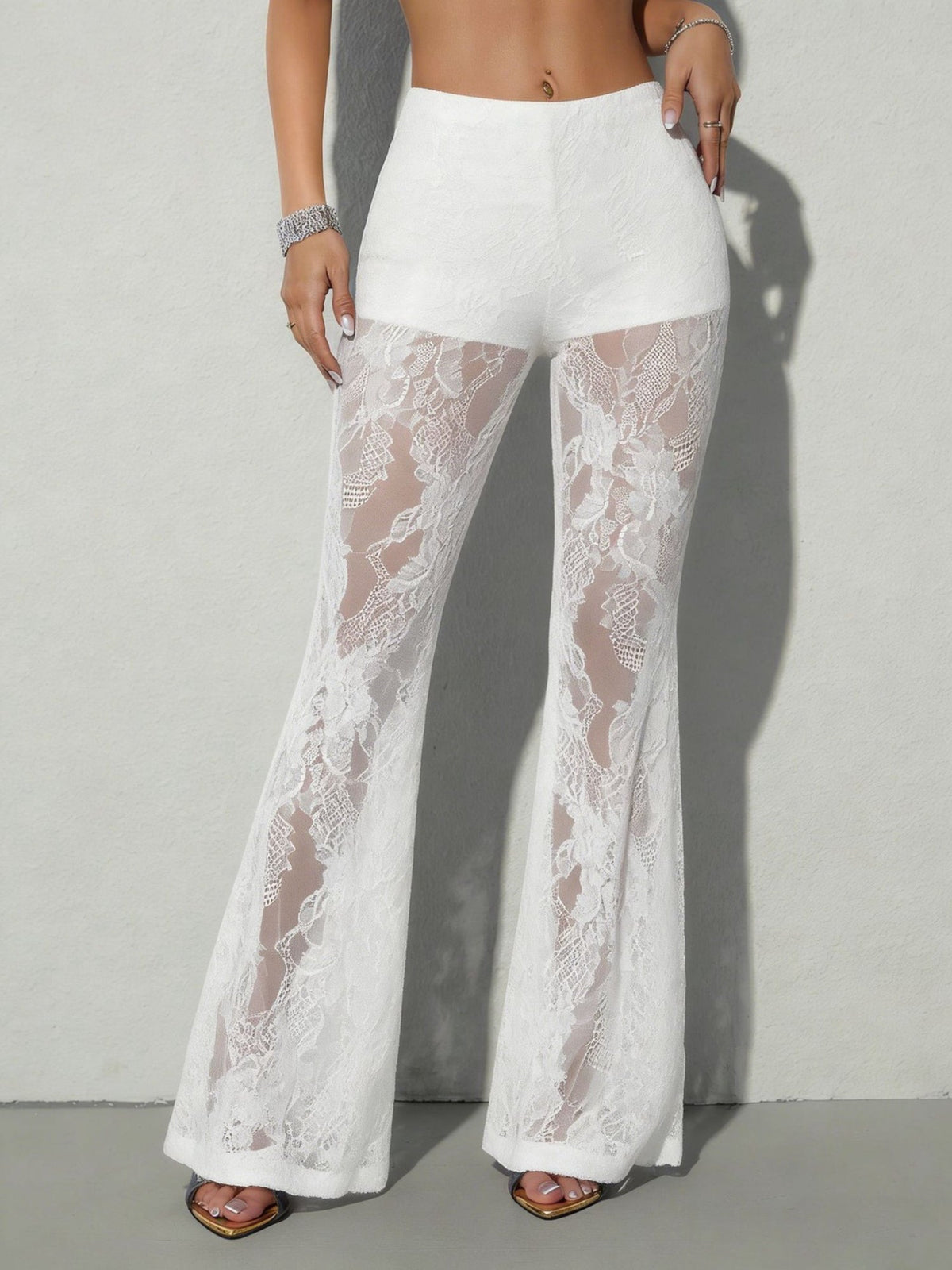 Women's High-Waist Sheer Lace Flare Pants