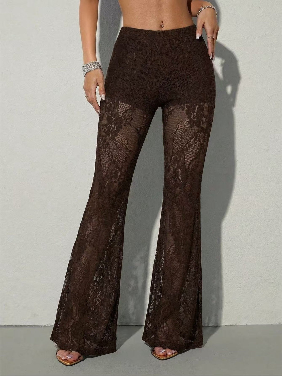 Women's High-Waist Sheer Lace Flare Pants