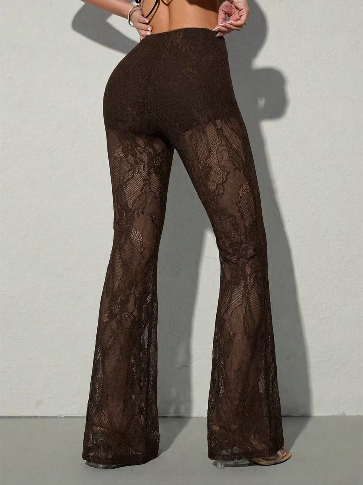 Women's High-Waist Sheer Lace Flare Pants