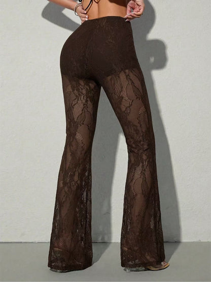 Women's High-Waist Sheer Lace Flare Pants