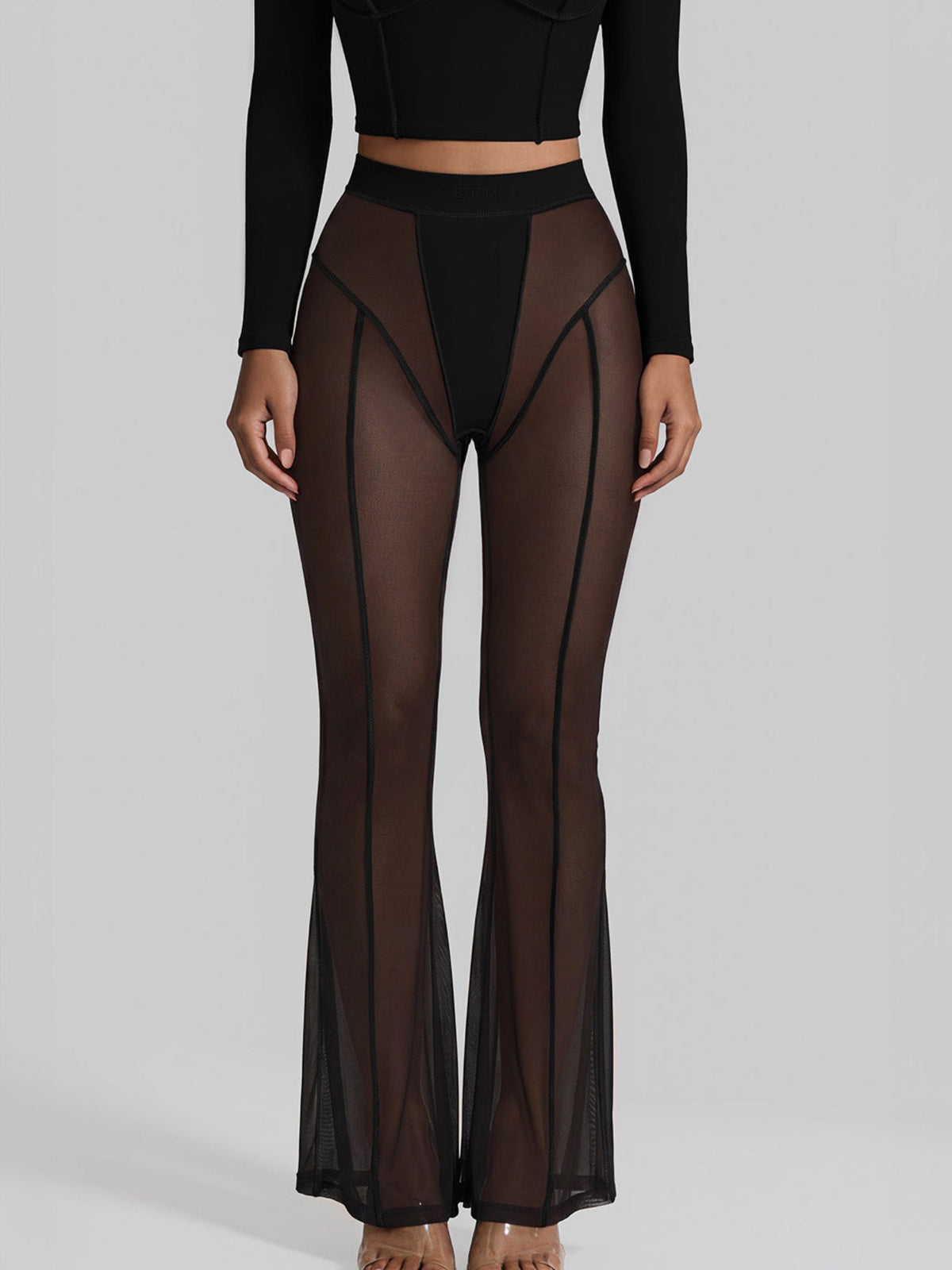 Sheer Mesh Flare Pants With Contrast Stitching
