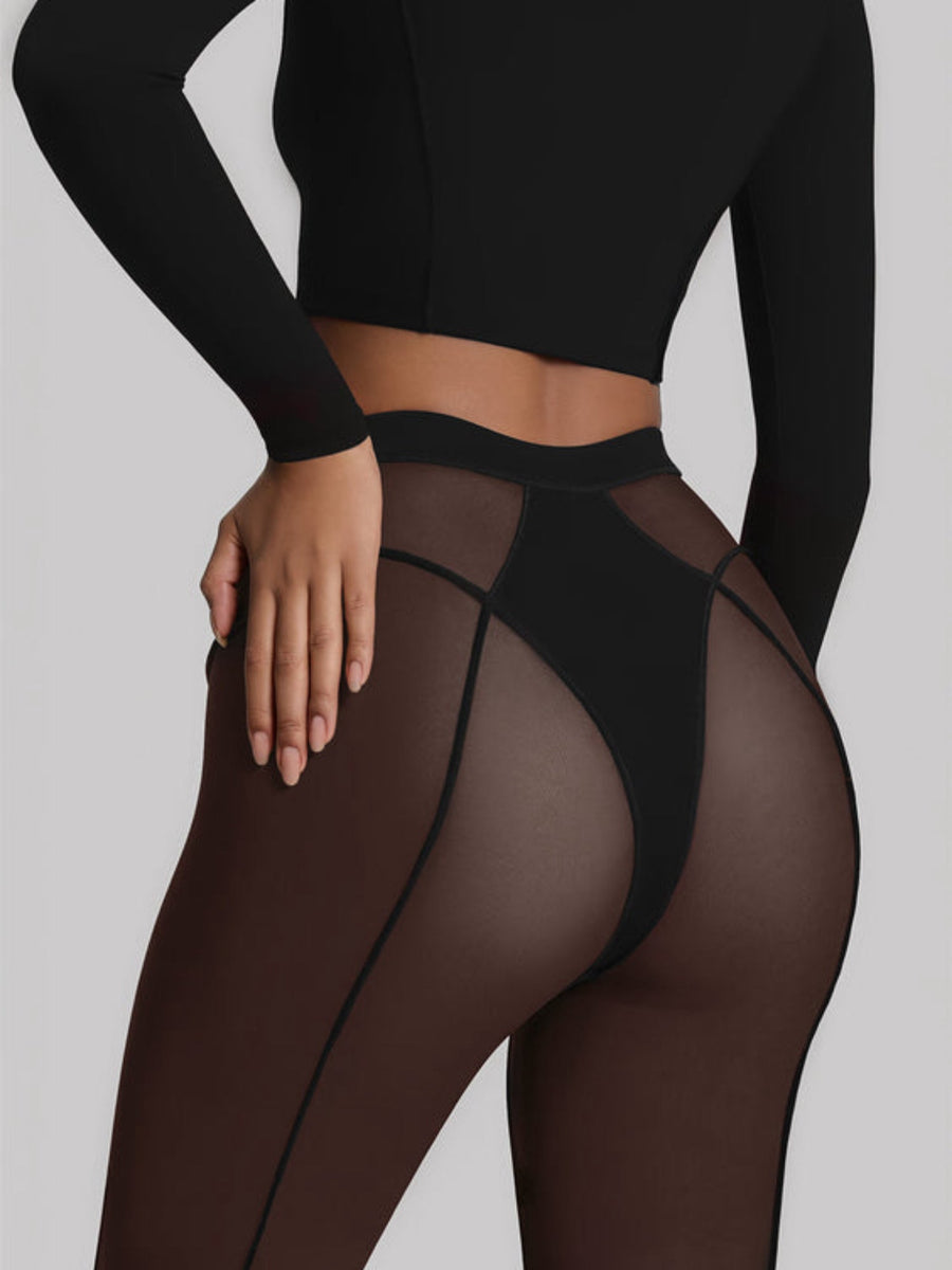 Sheer Mesh Flare Pants With Contrast Stitching