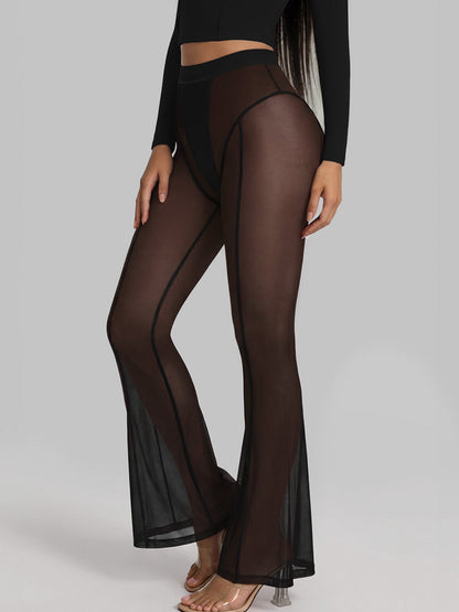 Sheer Mesh Flare Pants With Contrast Stitching