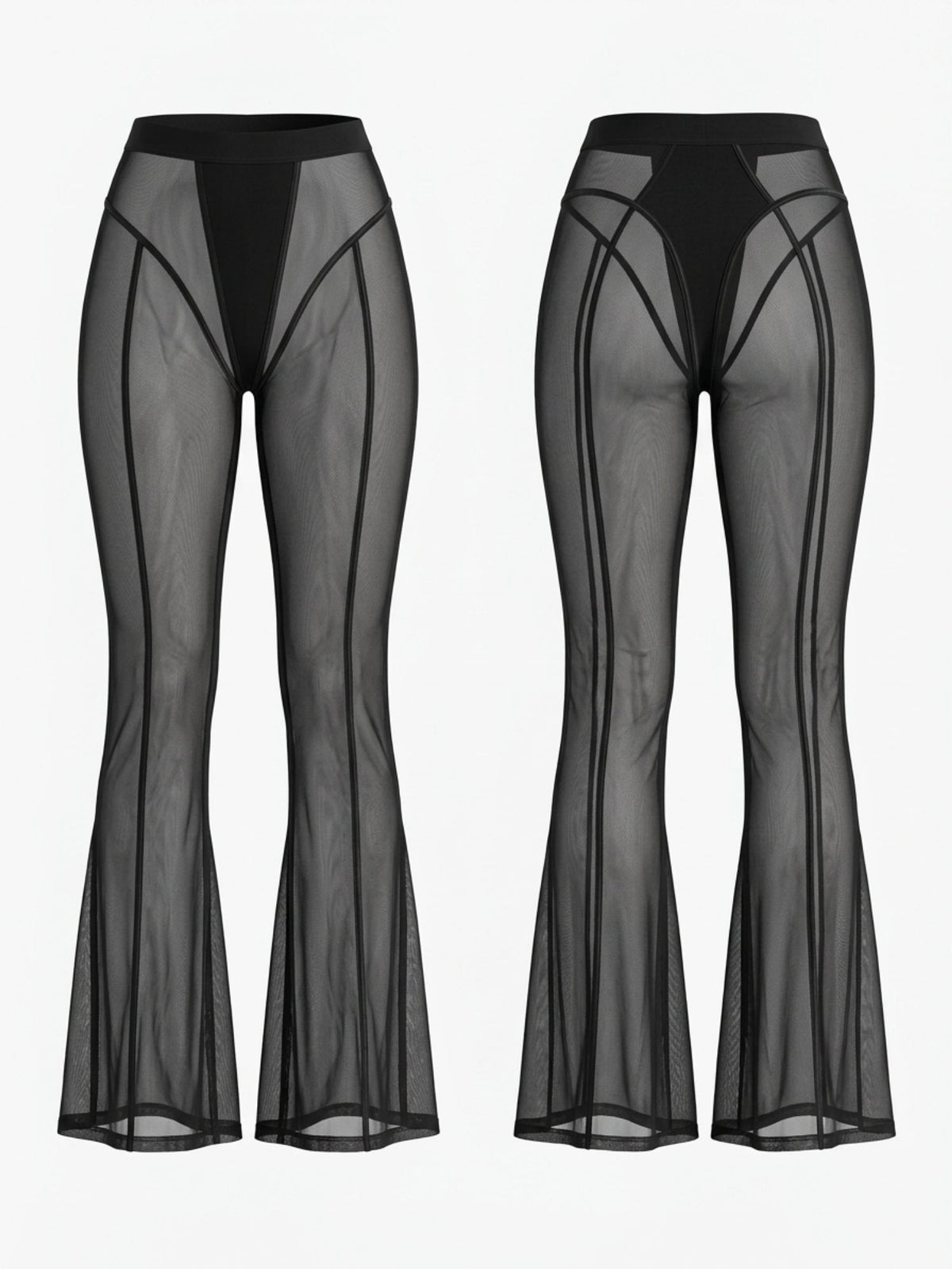 Sheer Mesh Flare Pants With Contrast Stitching