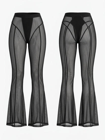Sheer Mesh Flare Pants With Contrast Stitching