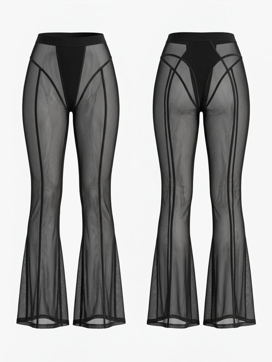 Sheer Mesh Flare Pants With Contrast Stitching