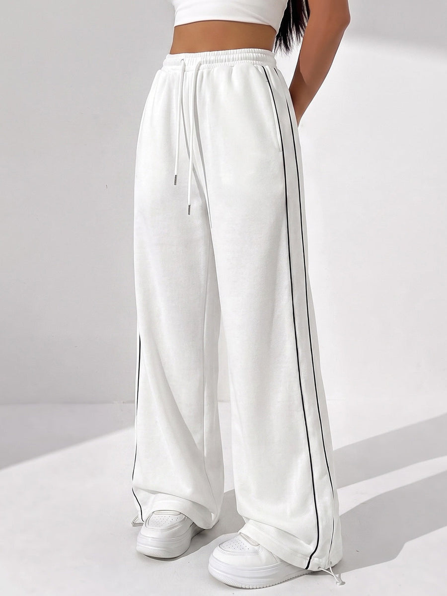 Women's Wide Leg Drawstring Track Pants with Side Stripe