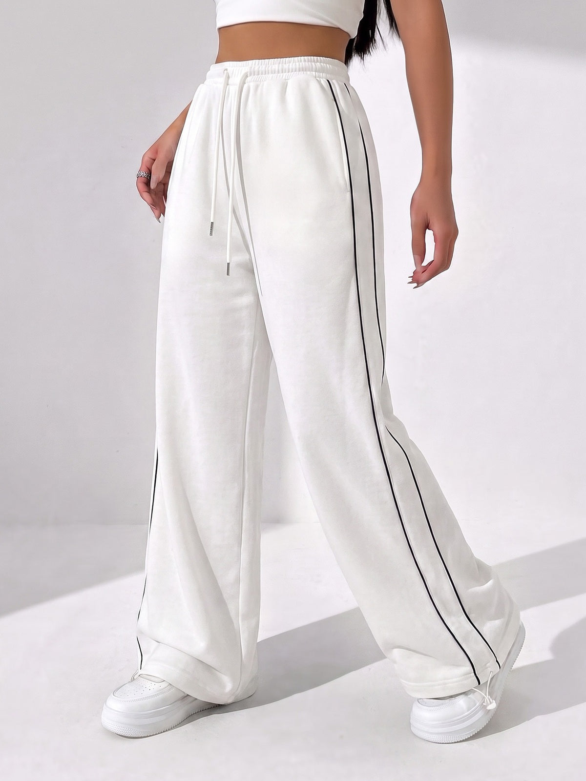 Women's Wide Leg Drawstring Track Pants with Side Stripe