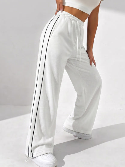 Women's Wide Leg Drawstring Track Pants with Side Stripe