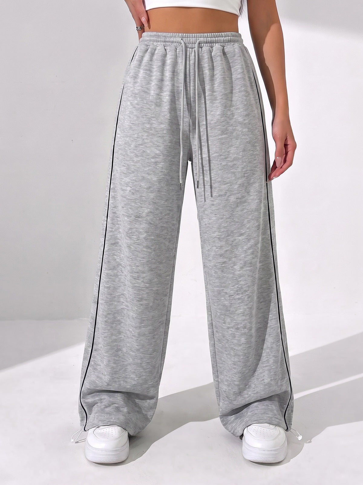 Women's Wide Leg Drawstring Track Pants with Side Stripe