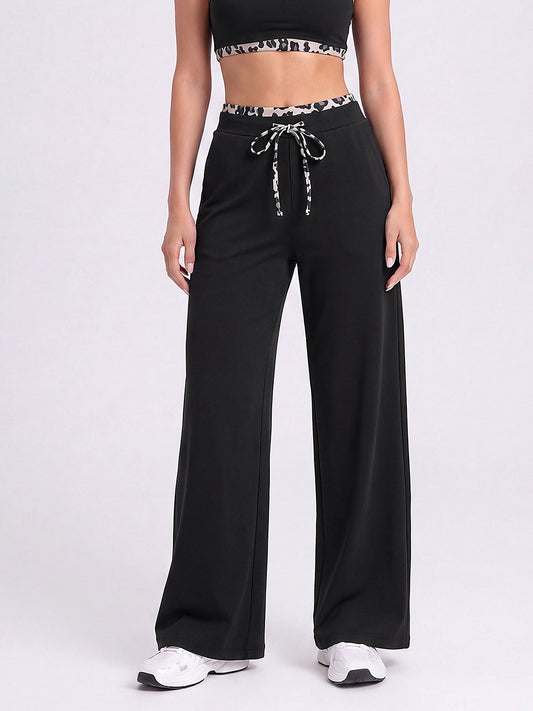 Women's Wide Leg Drawstring Lounge Pants with Leopard Trim