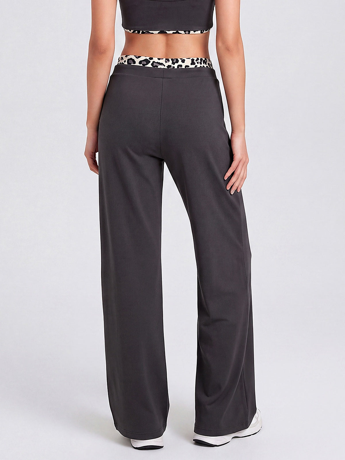 Women's Wide Leg Drawstring Lounge Pants with Leopard Trim