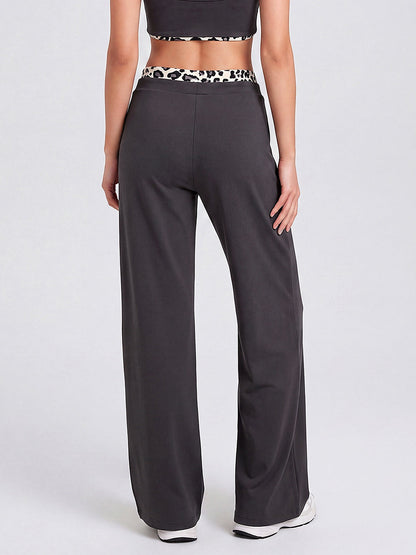 Women's Wide Leg Drawstring Lounge Pants with Leopard Trim