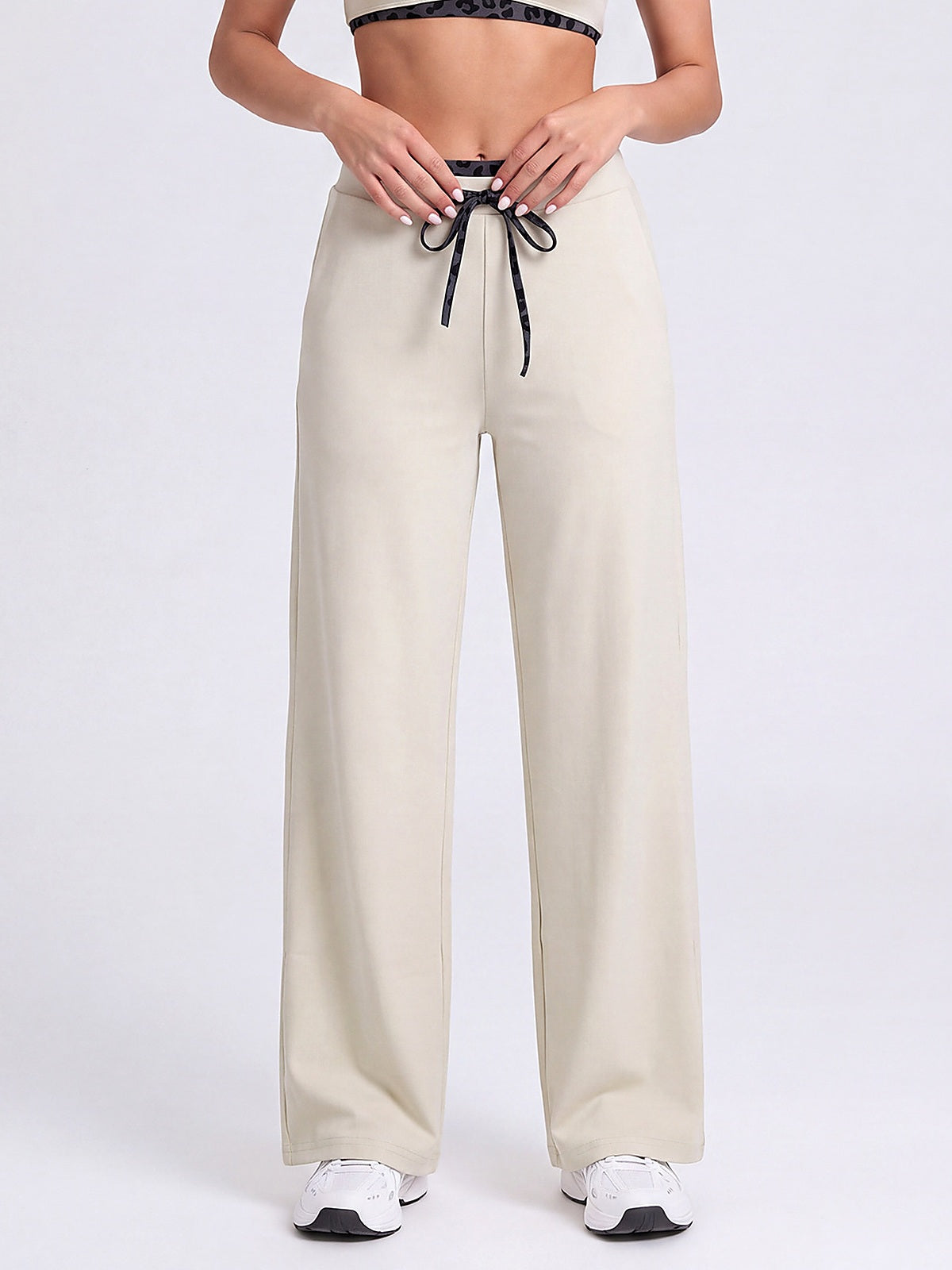 Women's Wide Leg Drawstring Lounge Pants with Leopard Trim