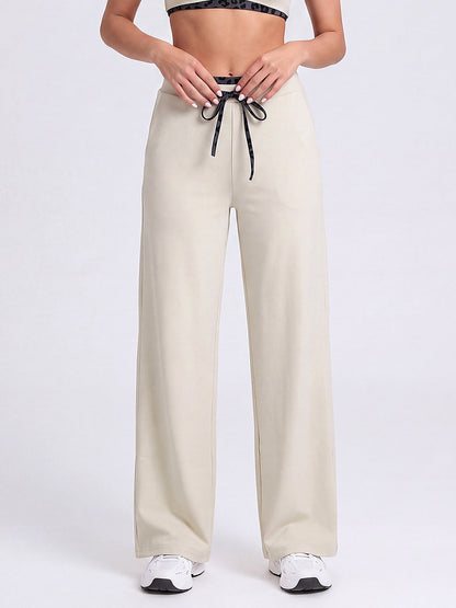 Women's Wide Leg Drawstring Lounge Pants with Leopard Trim