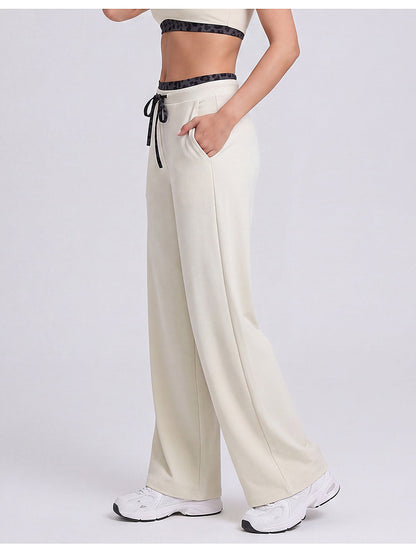 Women's Wide Leg Drawstring Lounge Pants with Leopard Trim