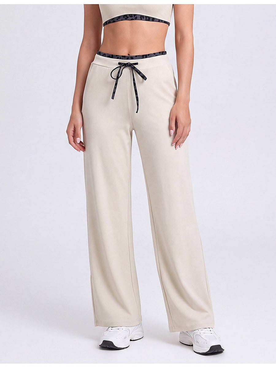 Women's Wide Leg Drawstring Lounge Pants with Leopard Trim