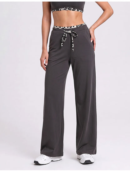 Women's Wide Leg Drawstring Lounge Pants with Leopard Trim