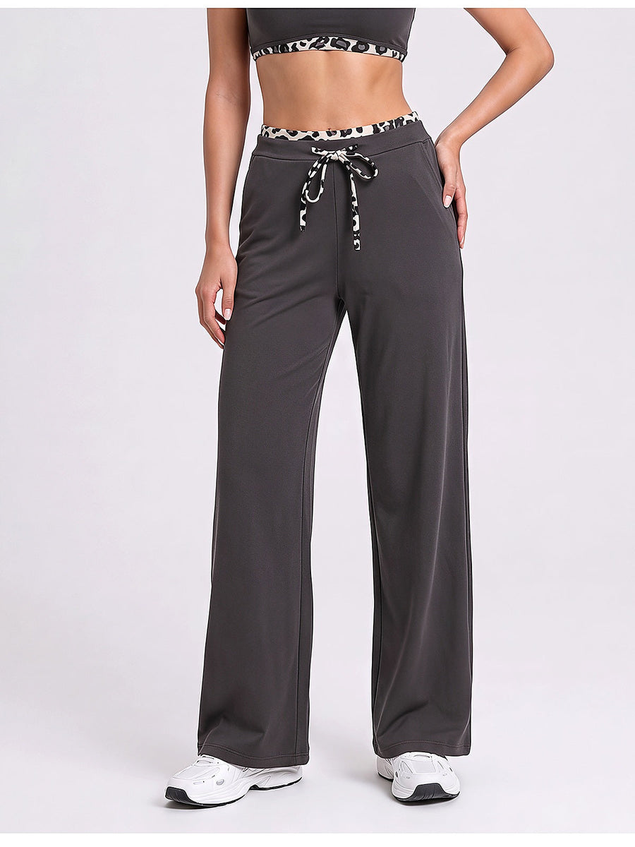 Women's Wide Leg Drawstring Lounge Pants with Leopard Trim