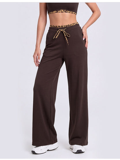 Women's Wide Leg Drawstring Lounge Pants with Leopard Trim