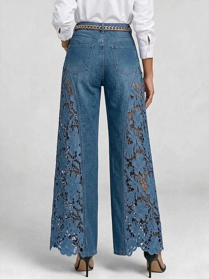 High-Waist Wide-Leg Denim Pants with Lace Panels