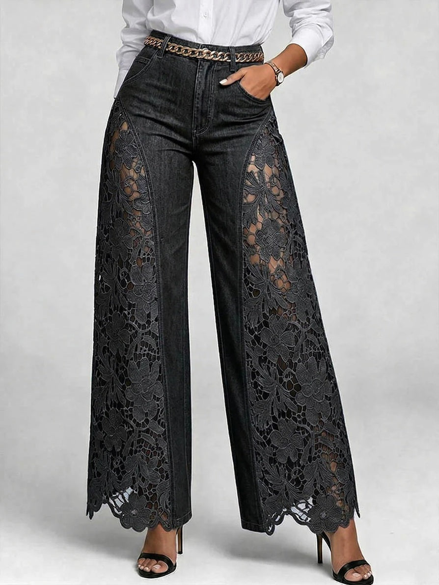 High-Waist Wide-Leg Denim Pants with Lace Panels