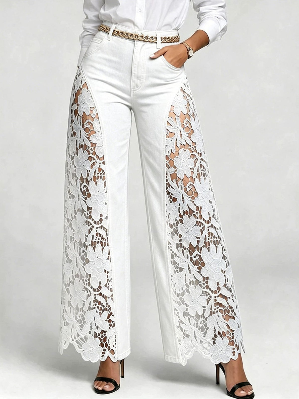 High-Waist Wide-Leg Denim Pants with Lace Panels