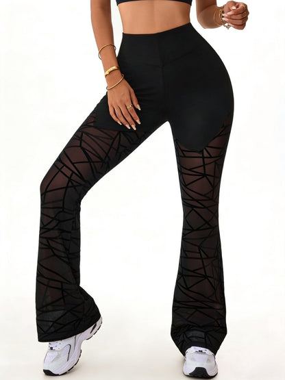 Women's High-Waist Flared Pants with Sheer Geometric Mesh Panels