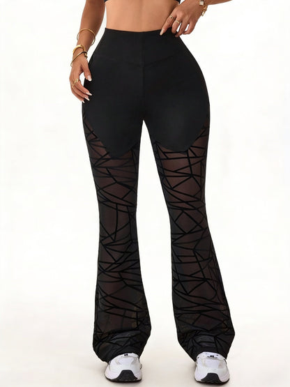 Women's High-Waist Flared Pants with Sheer Geometric Mesh Panels