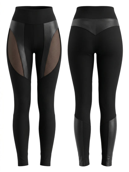Sexy Faux Leather & Mesh Splicing High Waist Leggings