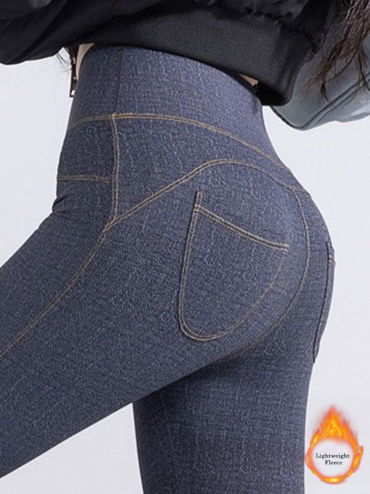 ZASUWA Female Denim Fleece Pocket Elastic Tight Leggings