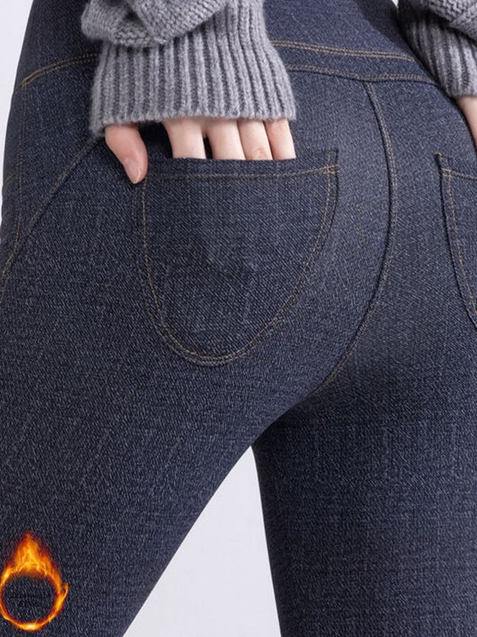 ZASUWA Female Denim Fleece Pocket Elastic Tight Leggings