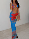 ZASUWA Female Halter Flower Print Mesh 3-Pieces Bikini Set