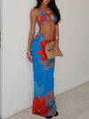 ZASUWA Female Halter Flower Print Mesh 3-Pieces Bikini Set