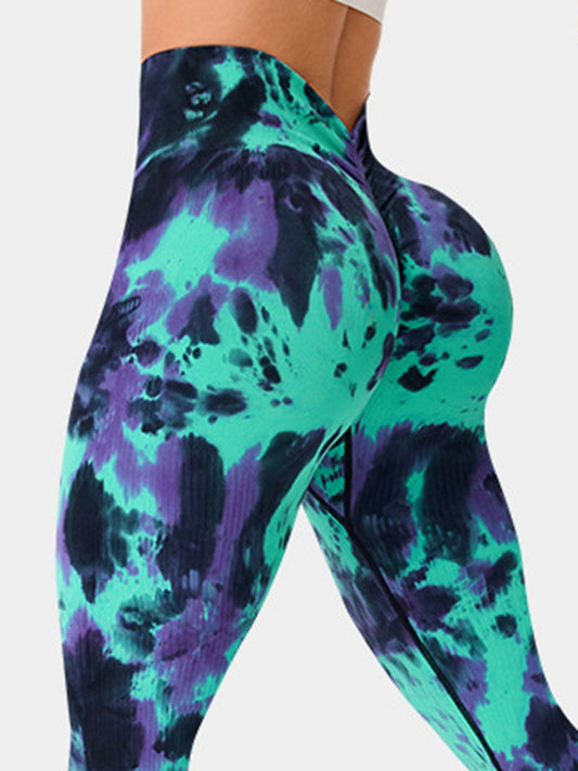 ZASUWA Female Hot Tie-dye Deep V Back Scrunch Bum Leggings