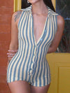 ZASUWA Female Lapel Buttons Sleeveless Contrast Stripes Romper