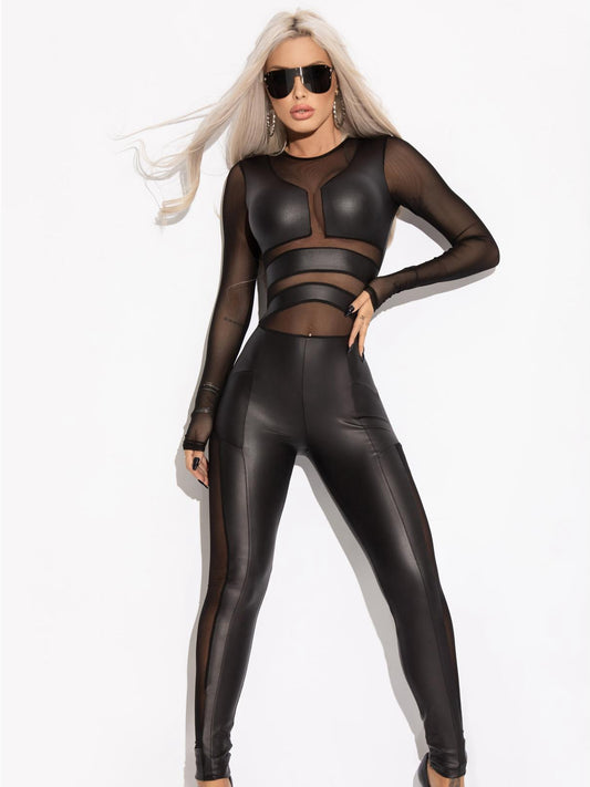 🖤ZASUWA Female Faux Leather Mesh Jumpsuit