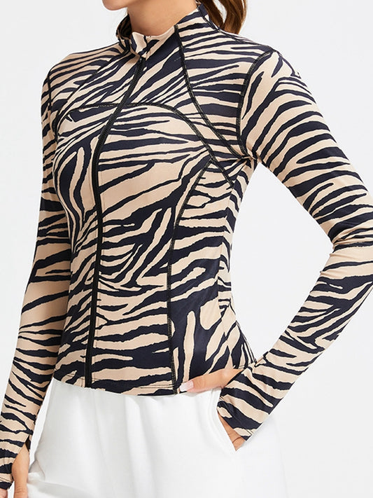 ZASUWA Female Zebra Print Zipper Thumbhole Jacket