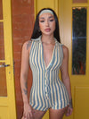 ZASUWA Female Lapel Buttons Sleeveless Contrast Stripes Romper