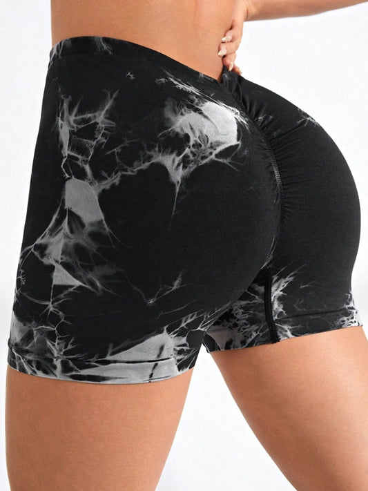 ZASUWA Female Hot Tie-dye Deep V Back Scrunch Bum Spandex Gym Booty Shorts