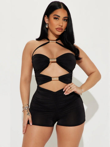 ZASUWA Female Sexy Halter Hollow Out Scrunch Bum Short Romper