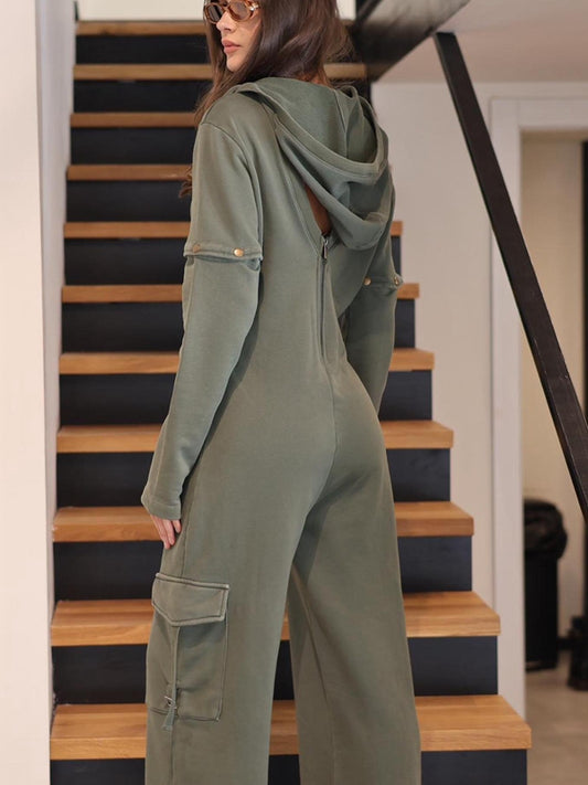 ZASUWA Female Pocket Backless Hooded Casual Jumpsuit