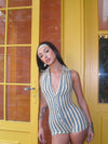 ZASUWA Female Lapel Buttons Sleeveless Contrast Stripes Romper