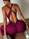 ZASUWA Female Sexy Leopard Print Cross Back Deep V Back Jumpsuit