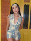 ZASUWA Female Lapel Buttons Sleeveless Contrast Stripes Romper