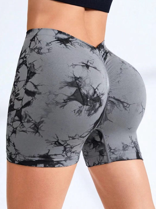 ZASUWA Female Hot Tie-dye Deep V Back Scrunch Bum Spandex Gym Booty Shorts