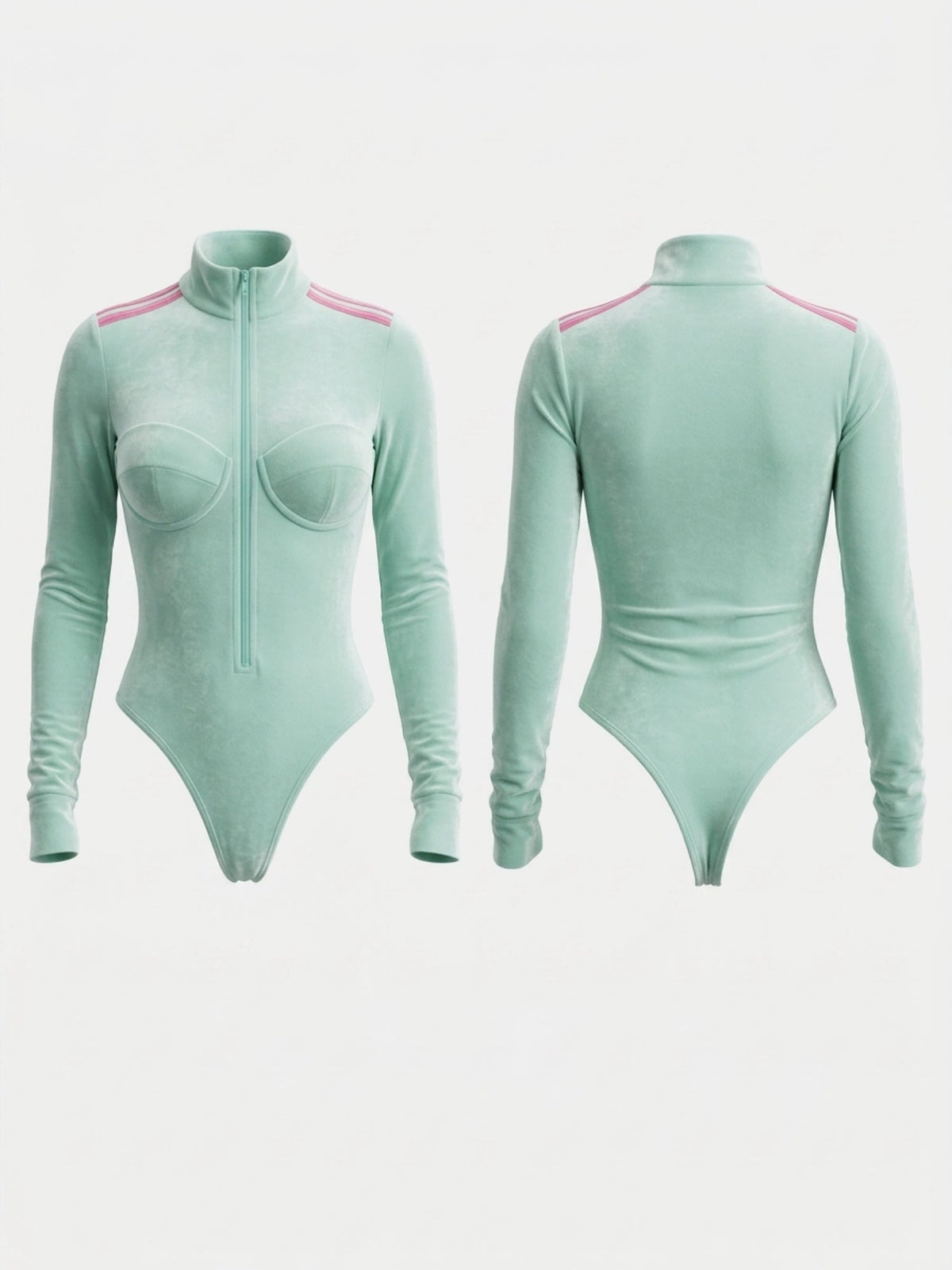 Mint Green Velour Stripe Zip Bodysuit