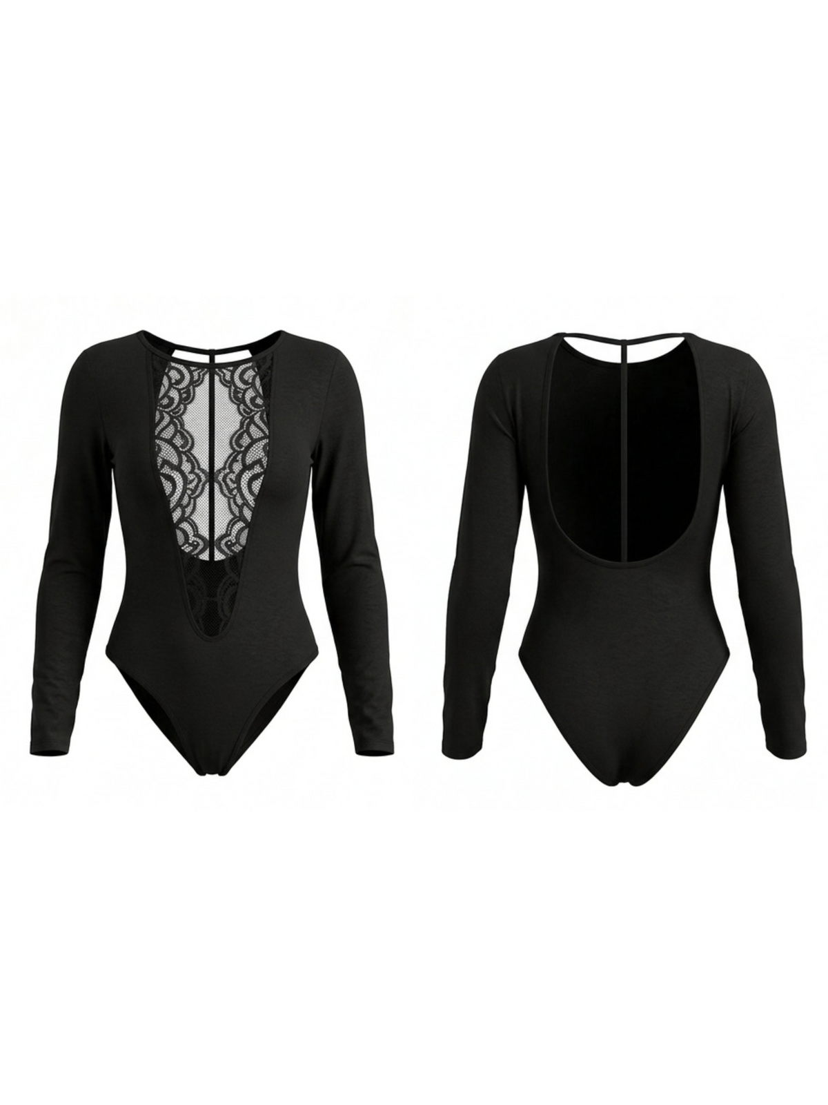 Lace Front Deep V Open Back Long Sleeve Bodysuit