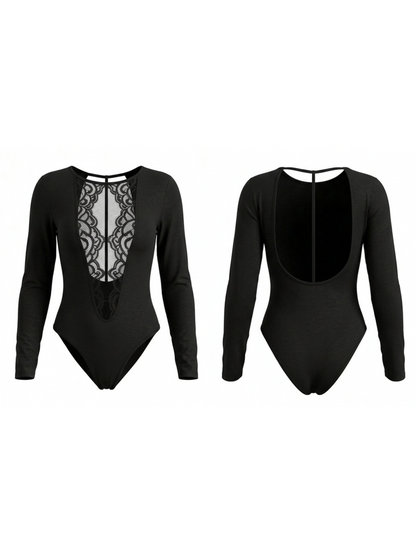 Lace Front Deep V Open Back Long Sleeve Bodysuit